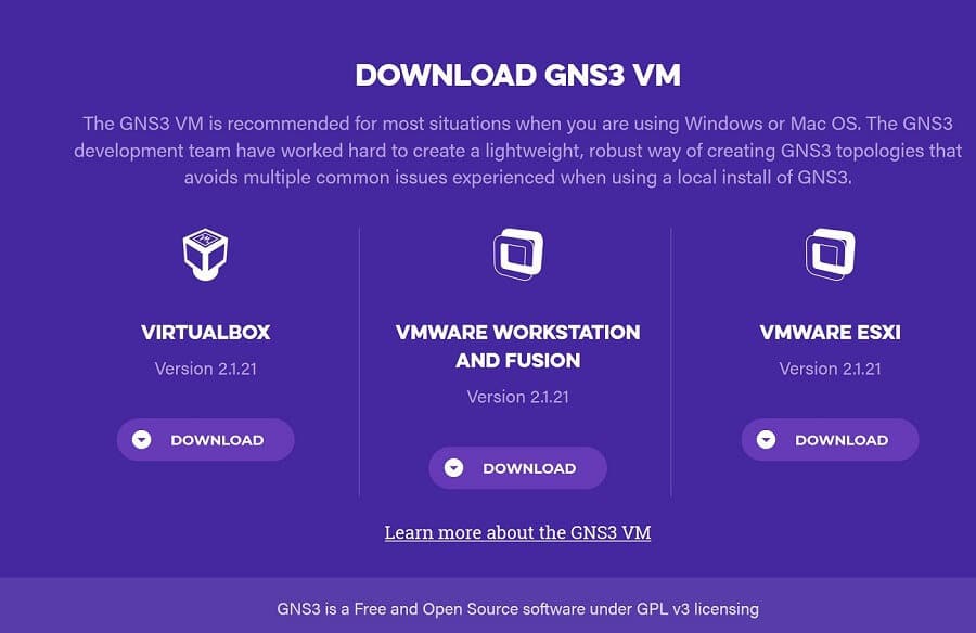 GNS3 VM dostępna jest na różnych platformach
